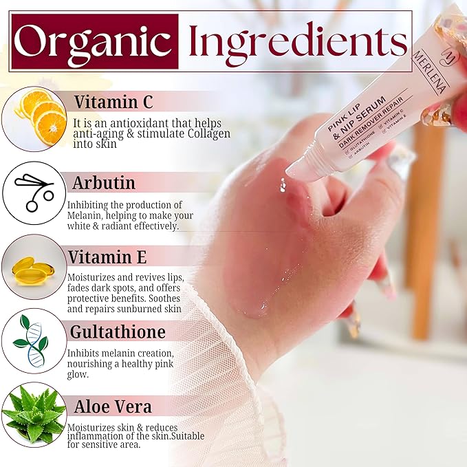 Merlena Pink Lip & Nip Serum - Hydrates and Repairs Dry, Peeling Lips and Nipples, Adds Collagen for Plumpness, Soothes Flaky Skin, Organic Vitamin C & E Formula 8ml-Velvo Beauty