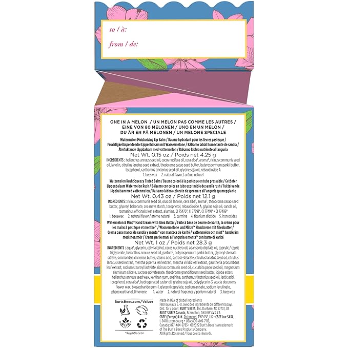 Burt's Bees Mothers Day Gifts for Mom, 3 Self Care Products, You're One in a Melon - Watermelon & Mint Hand Cream, Watermelon Lip Balm & Watermelon Rush Squeezy Tinted Lip Balm (Packaging May Vary)-Velvo Beauty