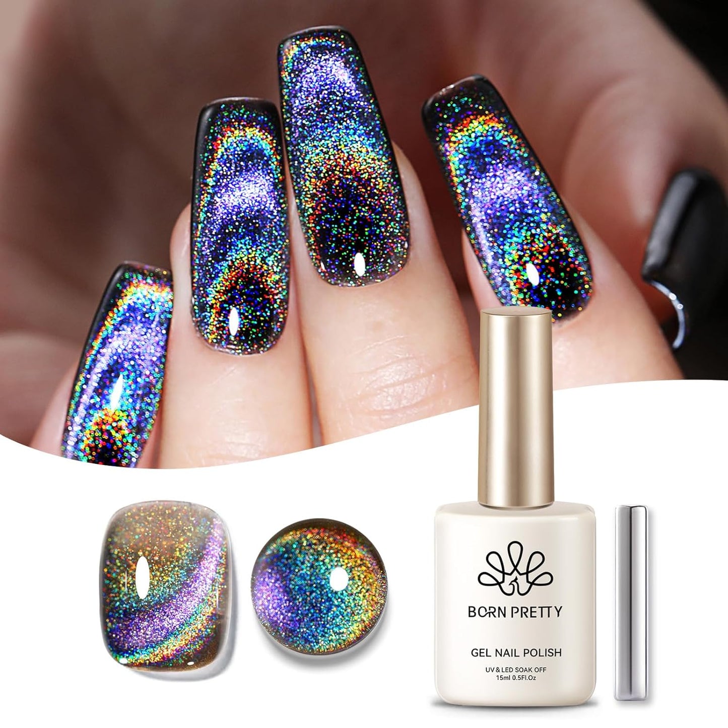 Born Pretty Cat Magnetic Eye Gel Nail Polish Holographic Rainbow Cat Magnetic Gel, Black Glitter Magnetic Soak Off U v Nail Gel Diy Art for Girls Women 15ML-Velvo Beauty