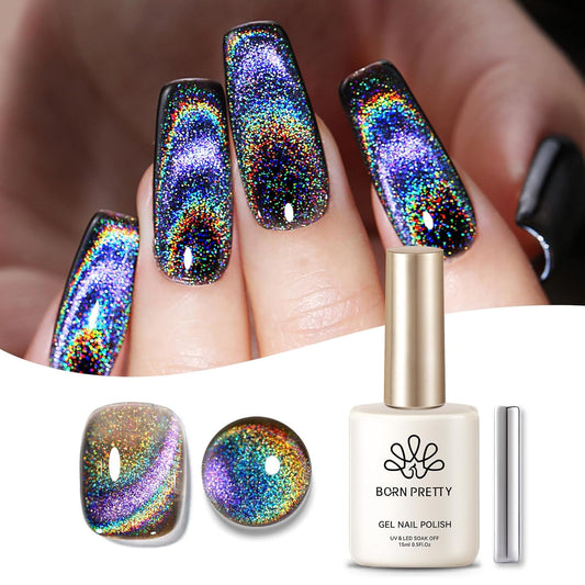 Born Pretty Cat Magnetic Eye Gel Nail Polish Holographic Rainbow Cat Magnetic Gel, Black Glitter Magnetic Soak Off U v Nail Gel Diy Art for Girls Women 15ML-Velvo Beauty