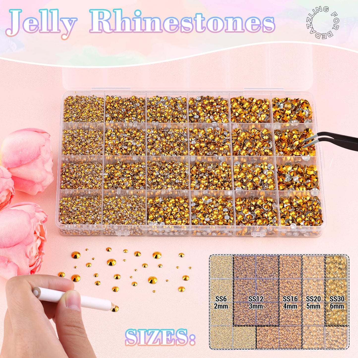 25000Pcs Resin Jelly Rhinestones with Tweezers for Crafting, 2-6mm Mixed Sizes (Copper Gold) Non Hotfix Flatback Gems, Bedazzling Crystal for DIY Crafts Clothing Tumblers Mugs Shoes Nail Art-Velvo Beauty