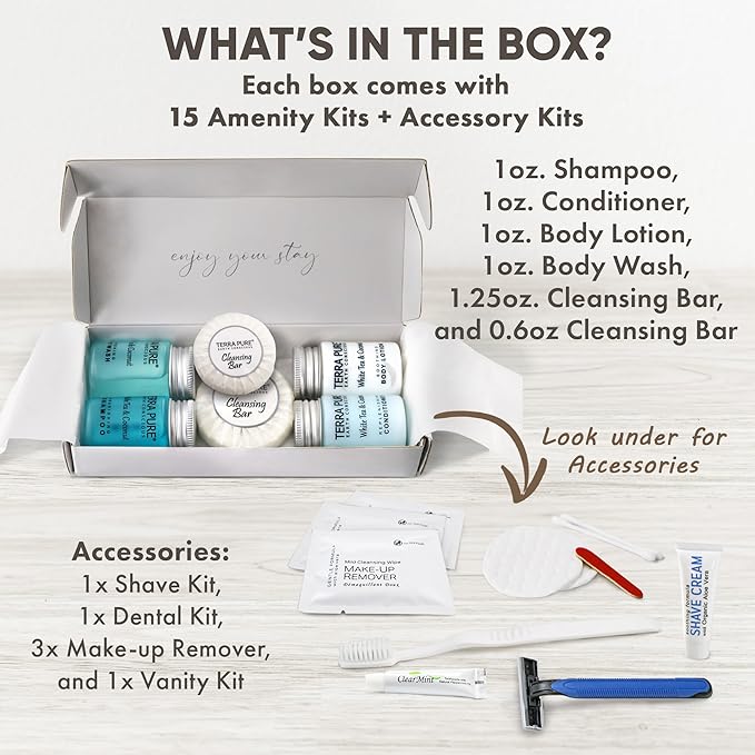 Terra Pure White Tea & Coconut Amenity & Accessory Kit |1oz Travel Size Shampoo, Conditioner, Lotion, Body Wash, 2 Cleansing Bars, Shave & Dental Sets, Make-Up Remover Wipes, & Vanity Kit | 15 Boxes-Velvo Beauty