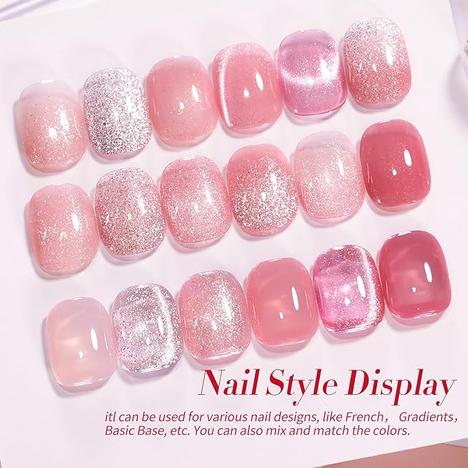 Born Pretty Gel Nail Polish Pink Nude Series,Jelly Transparent,Cat Magnetic Eye,Shimmer Glitter Holographic Pink Nude Gel Polish Kit for Salon Manicure and Nail Art DIY at Home 6Colors-Velvo Beauty