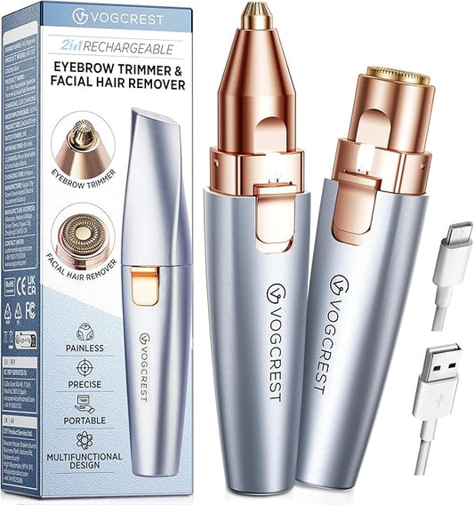 Eyebrow & Facial Trimmer: 2 in1 Rechargeable Facial Hair & Eyebrow Shaver - Painless LED Light (Sky Blue)-Velvo Beauty