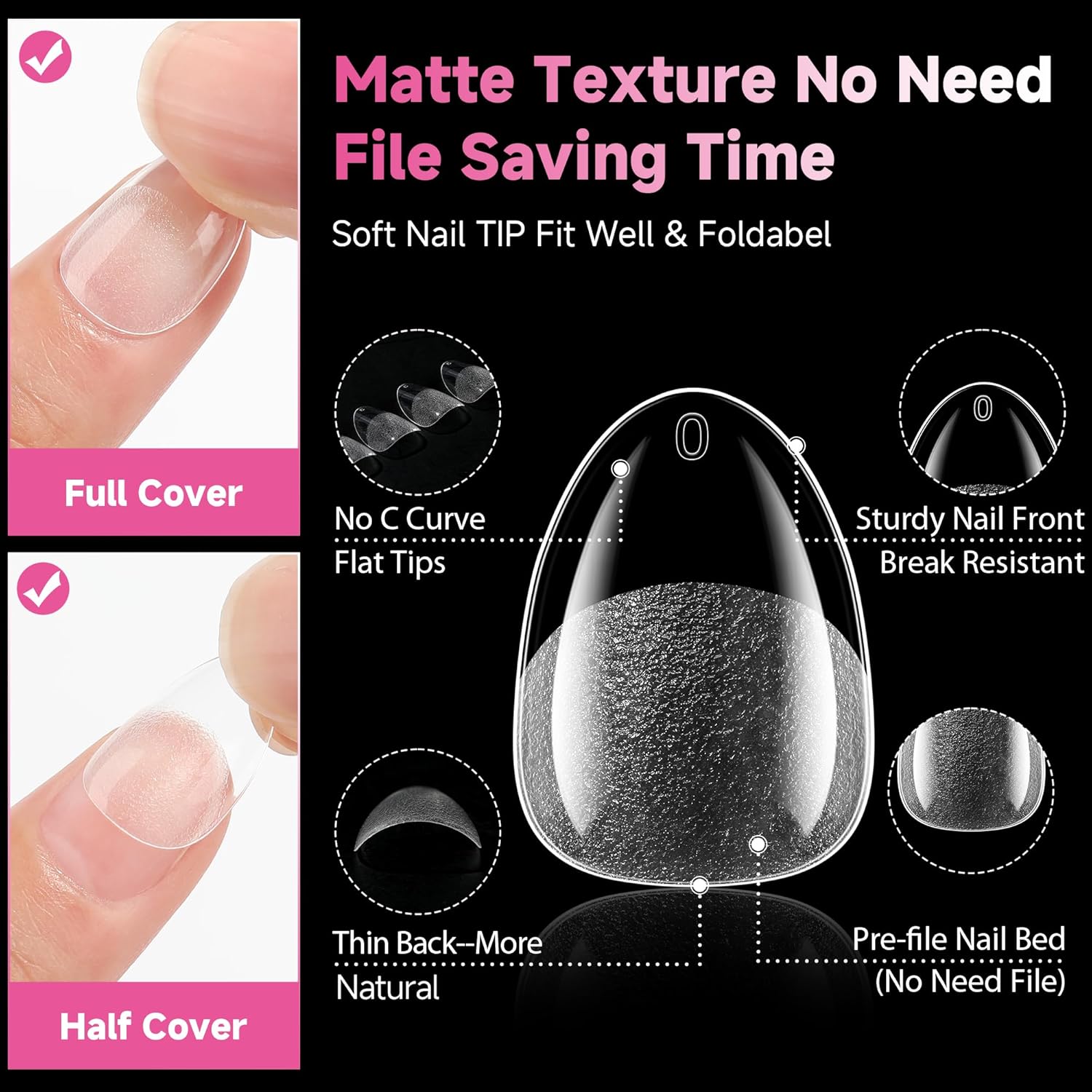 UNA GELLA Extra Short Almond Nail Tips, 312pcs XS Gel Nail Tips Almond Pre-Shaped Half Matte Full Cover No Need File Clear Fake Nails for Nails Extension Home DIY Salon 12 Sizes-Velvo Beauty