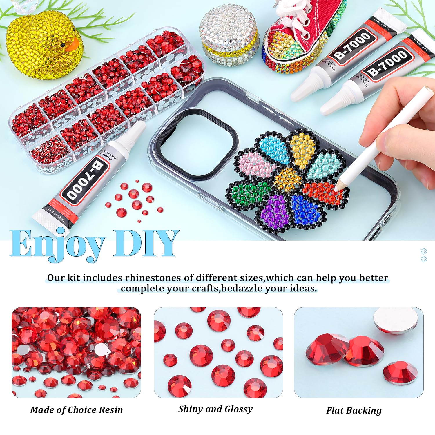 6000Pcs Resin Rhinestones for Bedazzling with 3Pcs B7000 Jewelry Glue, 1 Box Red Flatback Rhinestones for Crafting Crafts DIY, Crystals Gems for Clothing Shoes Tumblers Nail Art Makeup-Velvo Beauty