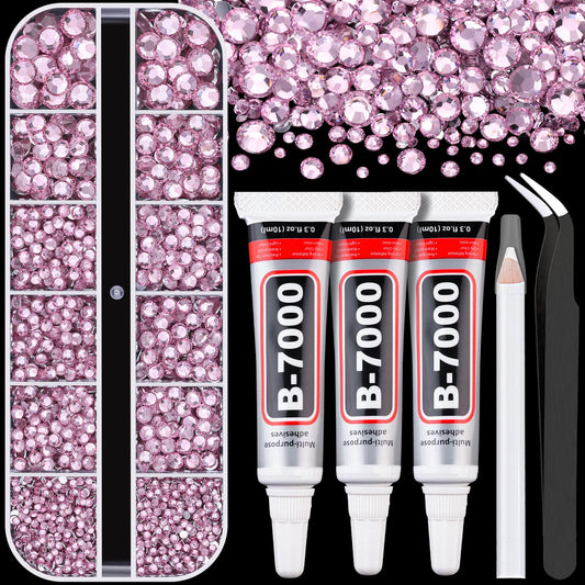 Resin Rhinestones for Crafting 1 Box Light Pink Flatback Crystals with 3 Pcs 10ml B7000 Jewelry Glue, Non-Hotfix Gems for Bedazzling, DIY Nail Art Makeup, Clothing & Shoes Decor-Velvo Beauty