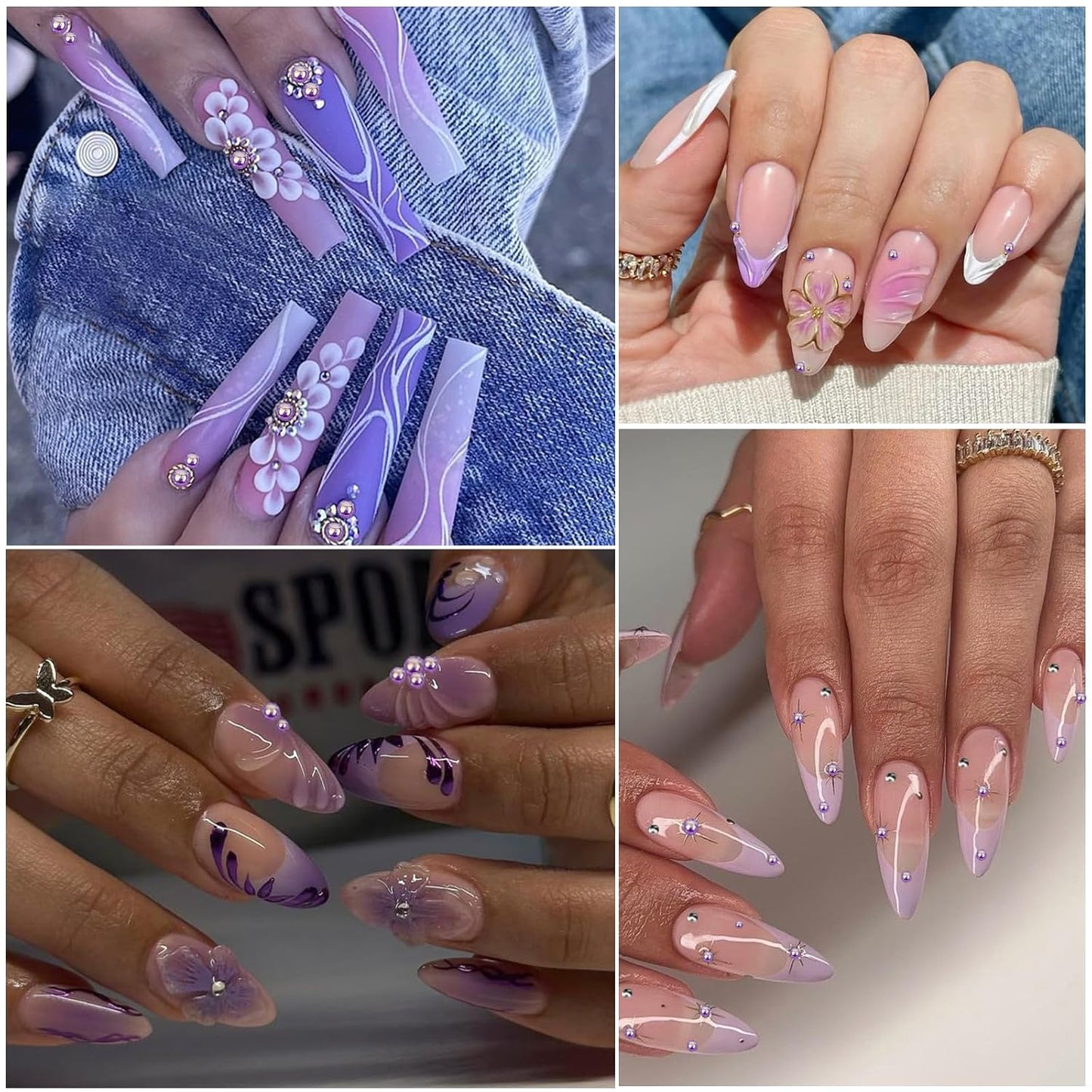 Nail Art Pearls with Rhinestones Glue Gel Flatback Pearls Nail Charms Luxurious Nails Supplies Accessories Gold Silver Gems Jewelry Pearl for Women Nails Design(Purple)-Velvo Beauty