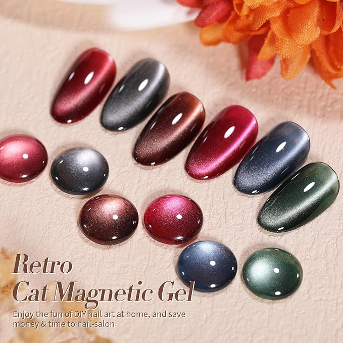 Born Pretty Cat Magnetic Eye Gel Nail Polish, Fall Winter Retro Cat Magnetic Gel, Pink Brown Blue Gray Green Magnetic Soak Off Nail Art Salon Manicure Home Gift 7ML 6PCS-Velvo Beauty