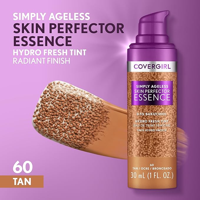 Covergirl Simply Ageless Skin Perfector Essence Foundation, 60 Tan, Tinted Skin Perfector, Skincare Makeup Hybrid, Sheer Tint, Radiant Finish, Skin-Like Finish, Vegan Formula, 1.0oz-Velvo Beauty