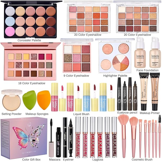 All in One Makeup Kit, Make Up Gift Set for Women, Makeup Kit for Women Full Kit, Includes Foundation Face Primer Eyeshadow Concealer Liquid Blush Lipgloss Eyeliner Mascara Cosmetic Brushes Set-Velvo Beauty