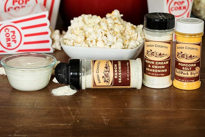 Amish Country Popcorn | Seasoning Variety Pack | Ballpark Style ButterSalt - 5.5 oz, Ranch - 5.5 oz & Sour Cream and Onion - 4.7 oz Popcorn Seasoning | Old Fashioned, Non-GMO and Gluten Free-Velvo Beauty