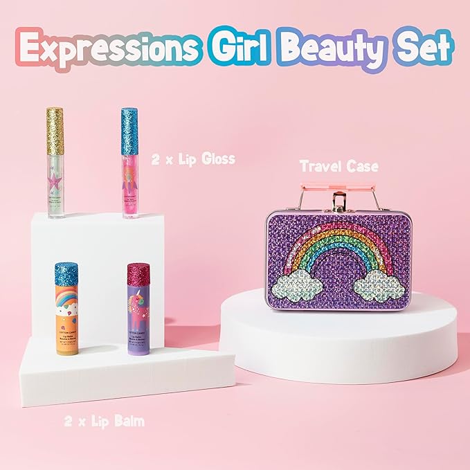 Expressions 5pc Rainbow Rhinestones Cosmetics Lip Kit For Kids w/Lip Glosses, Lip Balms & Tin Box Storage Case Magical Lip Set,Washable + Non Toxic-Velvo Beauty