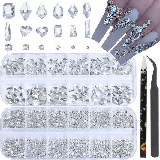 HNUIX Nail Rhinestones - 3D Multi Shape Size, Crystal Clear Nail Gems, Flat Back, with Kit, for Nail Art, DIY Decorations-Velvo Beauty