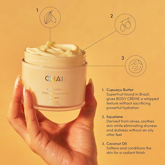 OUAI Body Cream, St. Barts - Hydrating Whipped Body Cream with Cupuaçu Butter, Coconut Oil and Squalane - Softens Skin and Delivers Healthy-Looking Glow - Sulfate-Free Skin Care (7.5 Oz)-Velvo Beauty