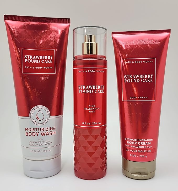 Bath & Body Works - Strawberry Pound Cake - Bundle -3 items - Moisturizing Body Wash, Ultimate Hydration Body Cream and Fine Fragrance Mist - Spring 2022-Velvo Beauty