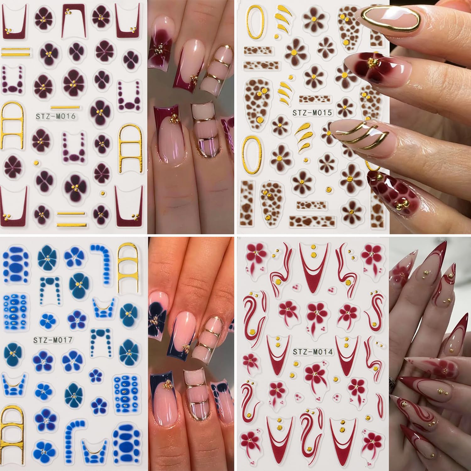 4Pcs Flower Nail Stickers for Nail Art - French Nail Art Stickers Autumn Winter Wine Red Brown Blue Floral Leopard Print Pattern 3D Self-Adhesive Nails Sliders Flowers Sticker for Nails Decoration-Velvo Beauty