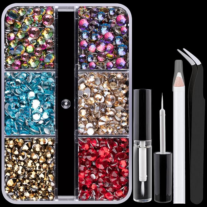 Colorful Face Gems for Makeup Set, Flatback Gorgeous Charming Mixed-Colored Chameleon Crystals with Makeup Glue+Picker Pencil+Tweezer for Eye Body Hair Make-up and Nail Art Deco-Velvo Beauty
