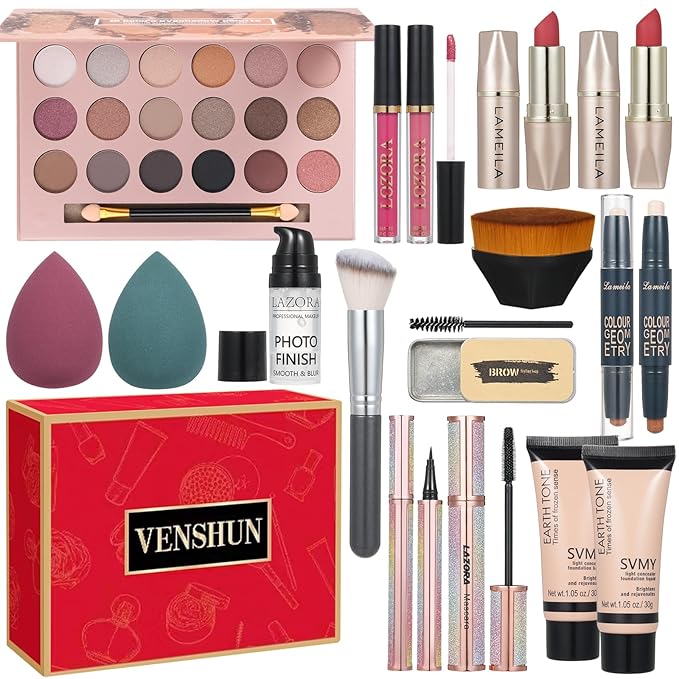 All in One Makeup Kit for Women Full Kit Makeup Gift Set for Women & Girls Makeup Essential Bundle Include Foundation 18Color Eyeshadow Palette Lipstick Eyebrow Pencil Cosmetic Brush Set-Velvo Beauty