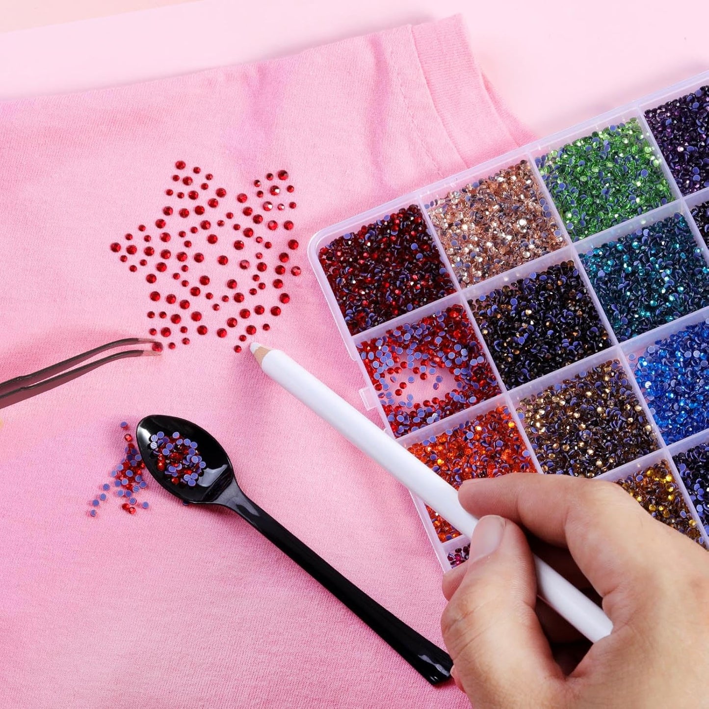 Hotfix Rhinestones Mixed 24 Colors, SS6 Rhinestones for Crafts Clothes, Hotfix Crystals with 1 Tweezers, 1 Wax Pencil and 1 Spoon-Velvo Beauty