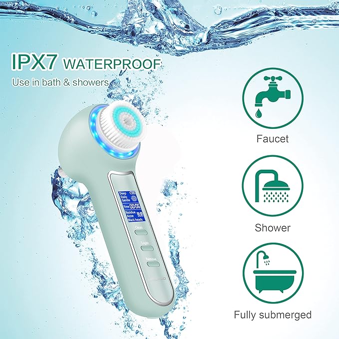 Face Scrubber Exfoliator,Facial Cleansing Brush Waterproof with LCD Screen,Blackhead Remover Vacuum with 5 Brush Heads,Face Spin Brush for Exfoliating (Green)-Velvo Beauty