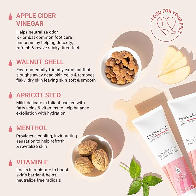 Benefeet Scrub-A-Dub Cooling Foot Scrub - Exfoliates + Refreshes Dry + Dull Skin, Get Smoother Skin from Heel to Toe, Made w/Vitamin E, Apple Cider Vinegar, Walnut Shell + Apricot Seed, 4 oz (2 Pack)-Velvo Beauty