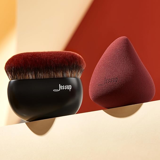 Jessup Foundation Brush with Makeup Sponge, Black Makeup Brush Flat Top Kabuki Brush for Liquid Blending Stippling, T881-Velvo Beauty