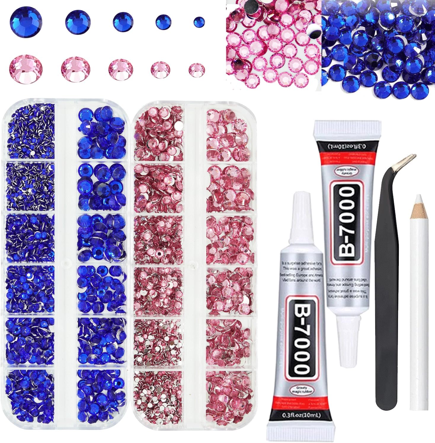 Rhinestones for Bedazzling with B7000 Glue, Pink and Navy Blue 2mm - 6mm (SS8-SS30) Non-Hotfix Flatback Dark Blue Diamonds Kit, Nail Crystals Gems Beads for Bedazzle Crafting, DIY Art Decoration-Velvo Beauty