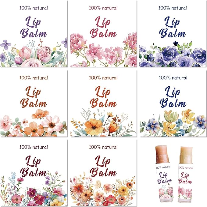 CRASPIRE 80Pcs 8 Styles Lip Balm Sticker Flower Self-Adhesive Homemade Lip Balm Labels Vintage Square DIY Plant Label Stickers for Lip Balm Containers Cosmetics Lipsticks-Velvo Beauty