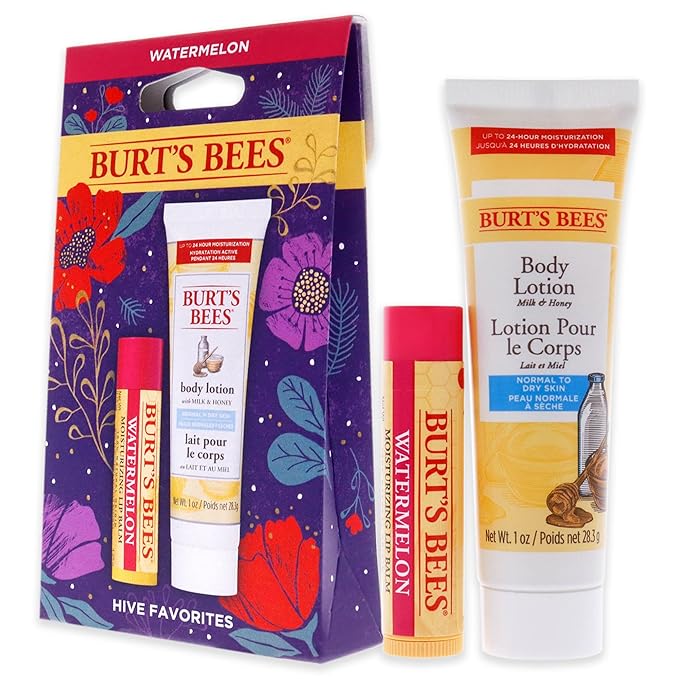 Burts Bees Hive Favorites Kit - Watermelon Unisex -0.15oz Watermelo Lip Balm, 1oz Body Lotion with Milk and Honey 2 Pc,White-Velvo Beauty