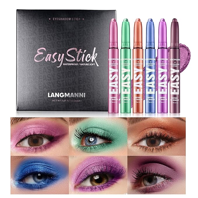 LANGMANNI Eyeshadow Stick, 6 PCS Waterproof Multi-Color Eyeshadow Pen Set, Creamy Long-Lasting Eye Makeup Kit, Natural & Shimmer Shades Contour Stick, Perfect Gifts For Women (#C)-Velvo Beauty