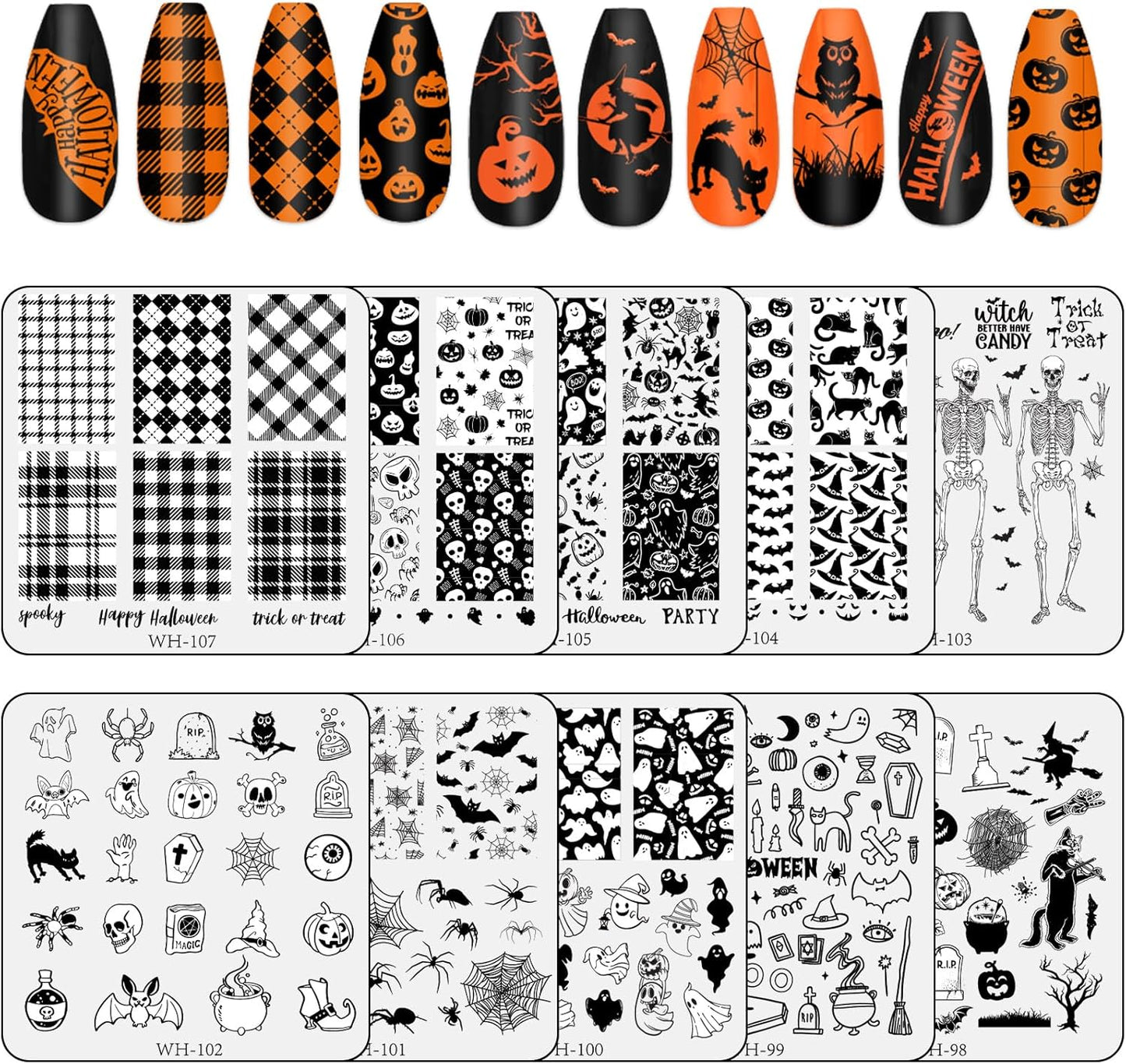 Whaline 10Pcs Halloween Nail Art Stamping Plate Kit Spooky Pumpkin Ghost Skull Plaid Design Nail Art Plate for Holiday DIY Print Manicure Salon-Velvo Beauty