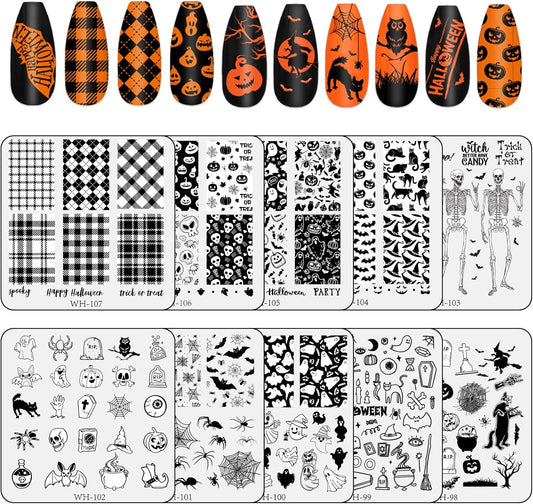 Whaline 10Pcs Halloween Nail Art Stamping Plate Kit Spooky Pumpkin Ghost Skull Plaid Design Nail Art Plate for Holiday DIY Print Manicure Salon-Velvo Beauty