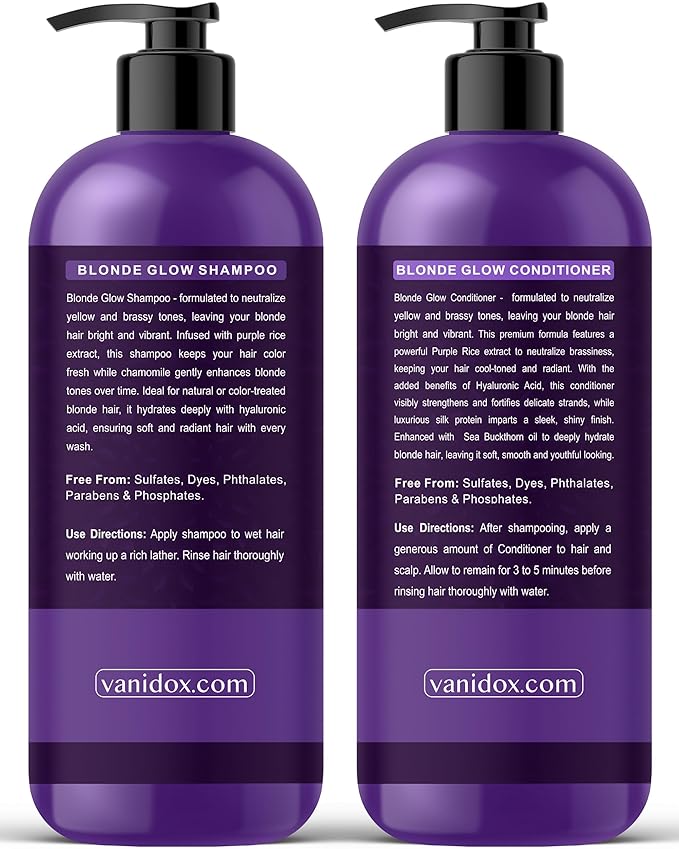 Sulfate Free Brass Toning Purple Shampoo and Conditioner Set for Blondes, Brown Highlighted, or Bleached Hair, Shampoo for Blondes Infused with Purple Rice Extract (16 fl oz each)-Velvo Beauty
