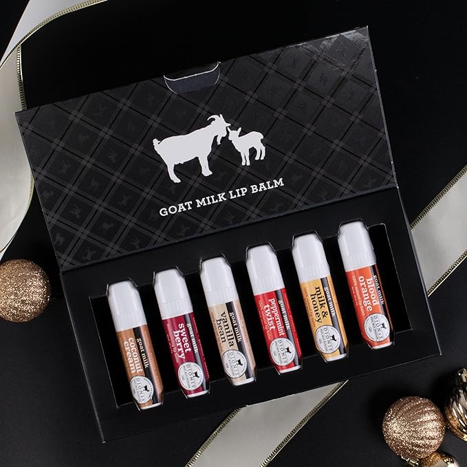 Dionis Goat Milk Lip Balm Deluxe Gift Box Set of 6 Vanilla, Coconut, Milk & Honey, Berry, Peppermint & Blood Orange Scented Chapstick - Shea Butter & Coconut Oil Gifts For Her, Protect & Restore Lips-Velvo Beauty