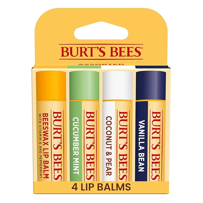 Burt's Bees Lip Balm - Beeswax, Cucumber Mint, Coconut & Pear, and Vanilla Bean Pack, With Responsibly Sourced Beeswax, Tint-Free, Natural Origin Lip Treatment, 4 Tubes, 0.15 oz.-Velvo Beauty