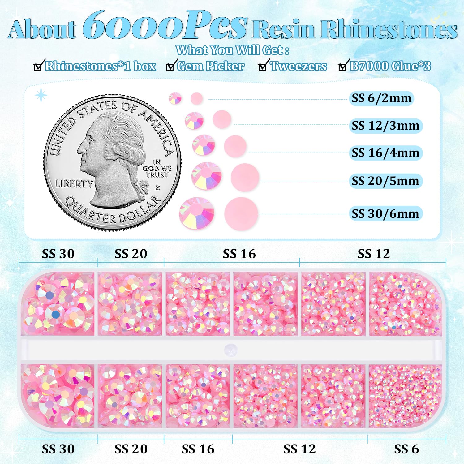 6000Pcs Resin Rhinestones for Bedazzling with 3Pcs B7000 Jewelry Glue, 1 Box Light Pink Flatback Rhinestones for Crafting Crafts DIY, Crystals Gems for Clothing Shoes Tumblers Nail Art Makeup-Velvo Beauty