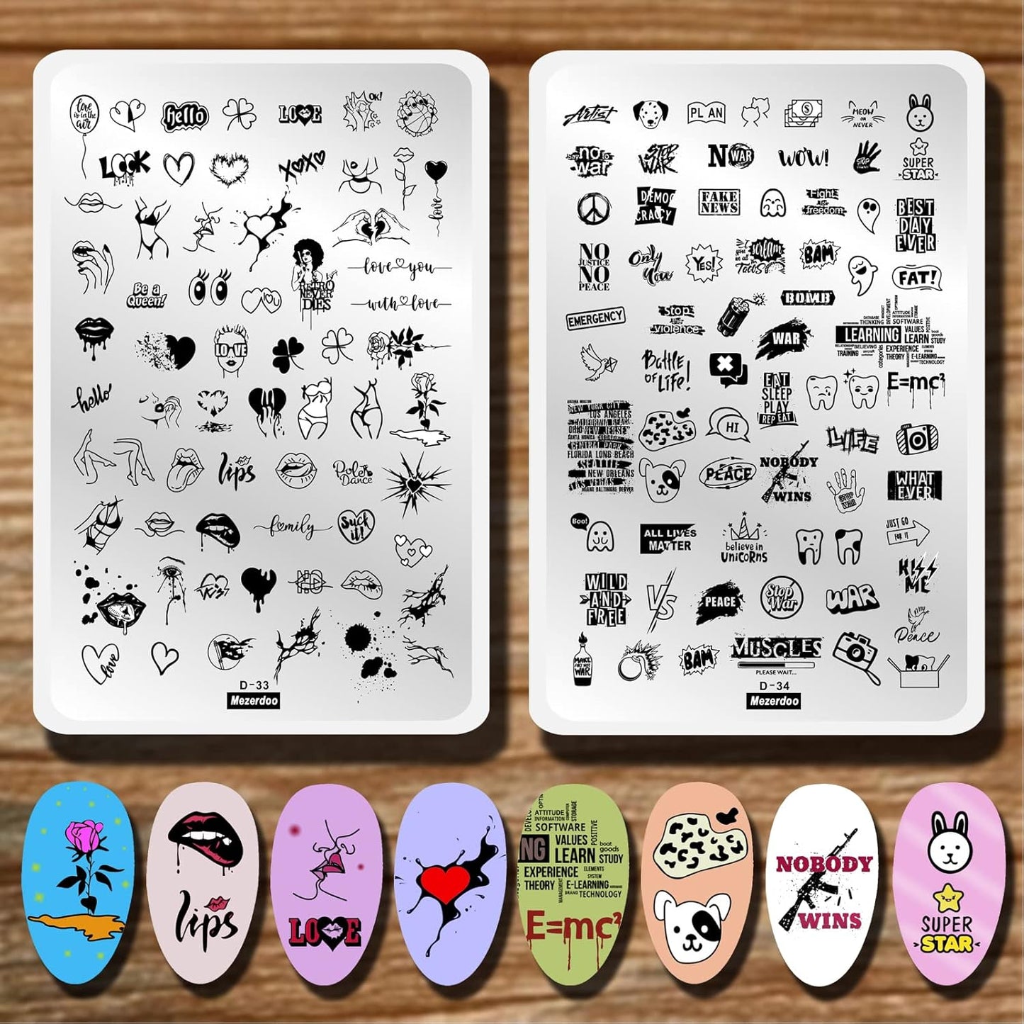 Lips Heart Nail Stamping Plate Kits 2pcs Love Flower Word Design Large Nail Stamp Plate Templates Animal Letter Line Image Stamper Stencils Dog Cat Ghost Halloween Art Stamping Plates Tools-Velvo Beauty
