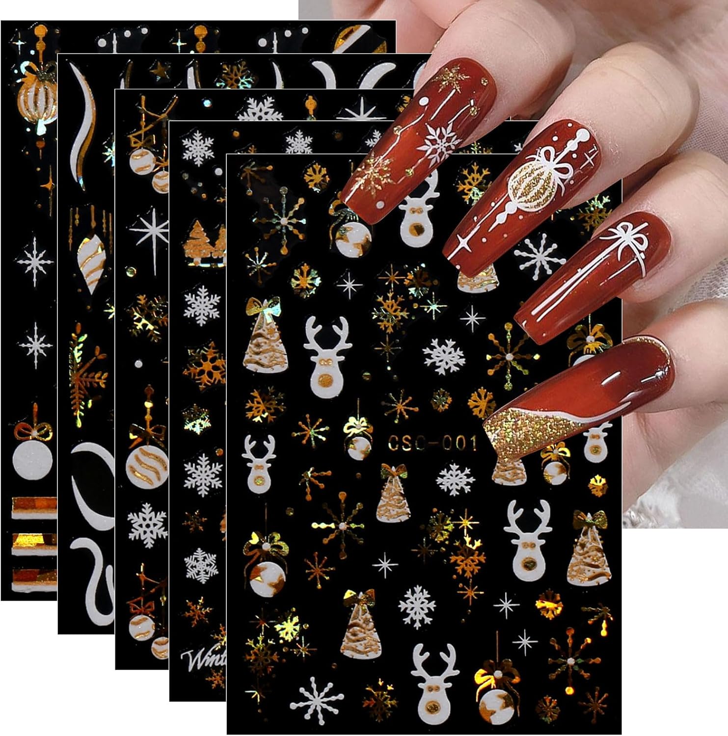 JMEOWIO 8 Sheets Christmas White Glitter Gold Nail Art Stickers Decals Self-Adhesive Snowflake Winter Holiday Nail Supplies Nail Art Design Decoration Accessories-Velvo Beauty