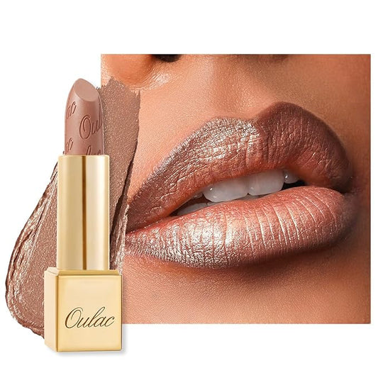 Oulac Nude Lipstick for Women with Metallic 3D Shine Lightweight Hydrating Formula, High Impact Lip Color, Vegan Beauty, Full Coverage Lip Makeup, Christmas Gifts for Women, Sahara Gold(10)-Velvo Beauty