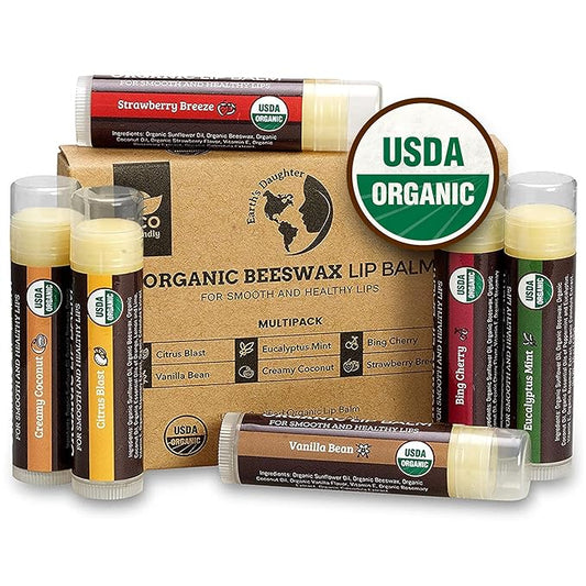 USDA Organic Lip Balm 6-Pack by Earth's Daughter - Fruit Flavors, Beeswax, Coconut Oil, Vitamin E - Best Lip Repair Chapstick for Dry Cracked Lips - Moisturizing Lip Care-Velvo Beauty