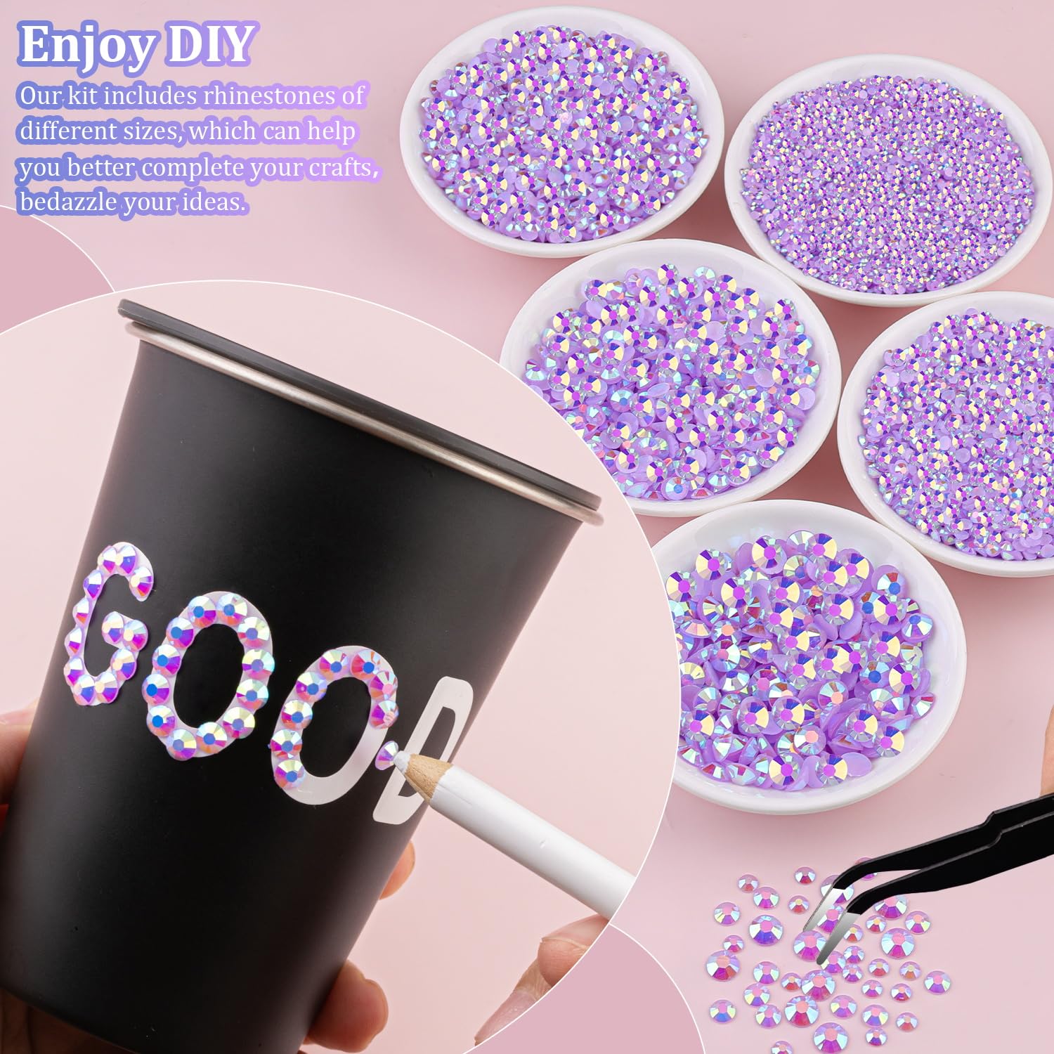 30000Pcs Lavender Purple AB Rhinestones for Bedazzling with B7000 Jewelry Glue, Bedazzler Kit Flatback Gems, Resin Rhinestones for Crafting Crafts Clothing Shoes Nail Art Assorted Size 2/3/4/5/6mm-Velvo Beauty