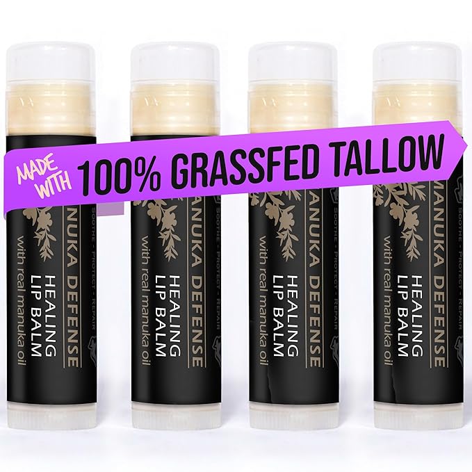 BALM OF GILEAD Manuka Defense Healing Lip Balm - Intensive Moisture Therapy in Tube w/Manuka, Tea Tree & Cooling Peppermint - Ideal for Chapped & Cracked Lips - Beauty Pack Of 4-0.15 oz-Velvo Beauty