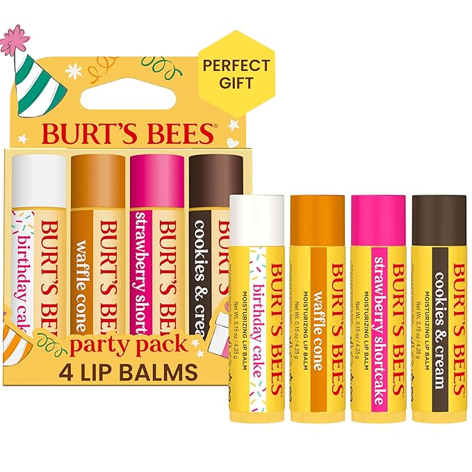Burt's Bees Lip Balm Party Pack - Birthday Cake, Waffle Cone, Strawberry Shortcake, and Cookies & Cream, All Day Moisturizer, Tint-Free, Natural Origin Conditioning Lip Treatment, 4 Tubes, 0.15 oz.-Velvo Beauty