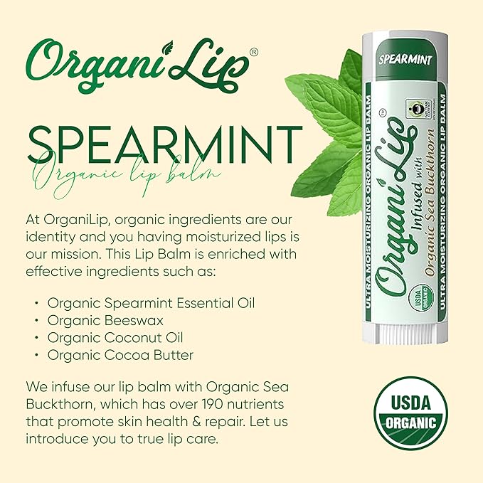 Organic Lip Balm, Spearmint Flavor, Ultra Hydrating Lip Moisturizer for Dry Lips, Oval Shaped Tube, USDA Certified Organic, 3 Pack - OrganiLip-Velvo Beauty