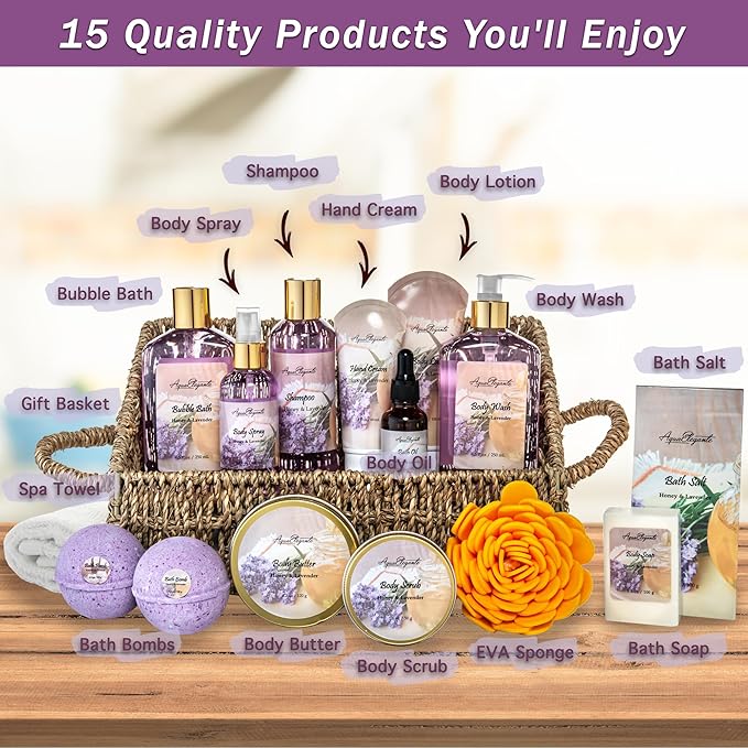 Bath Spa Gift Sets - Luxury Basket With Honey & Lavender - Spa Kit Includes Wash, Bubble Bath, Lotion, Bath Salts, Body Scrub, Body Spray, Shower Puff, Bathbombs, Soap and Towel-Velvo Beauty