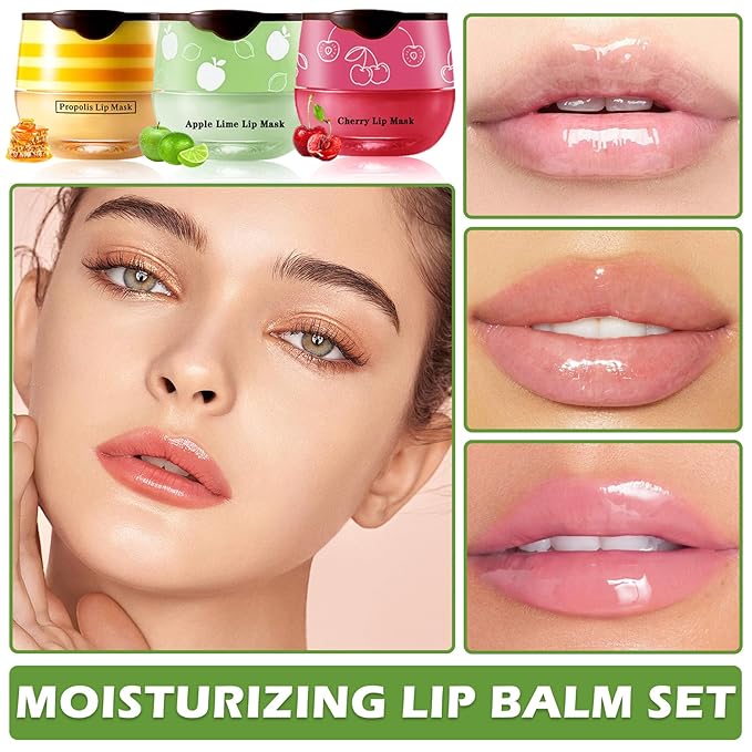 Honey Pot Lip Balm,3PCS Bee Lip Balm Honey Pot Cherry Apple Lip Scrub,Fade Lip Lines Lip Mask Overnight Prevention Dry and Cracked Lip Sleeping Mask (Honey+Apple+Cherry)-Velvo Beauty