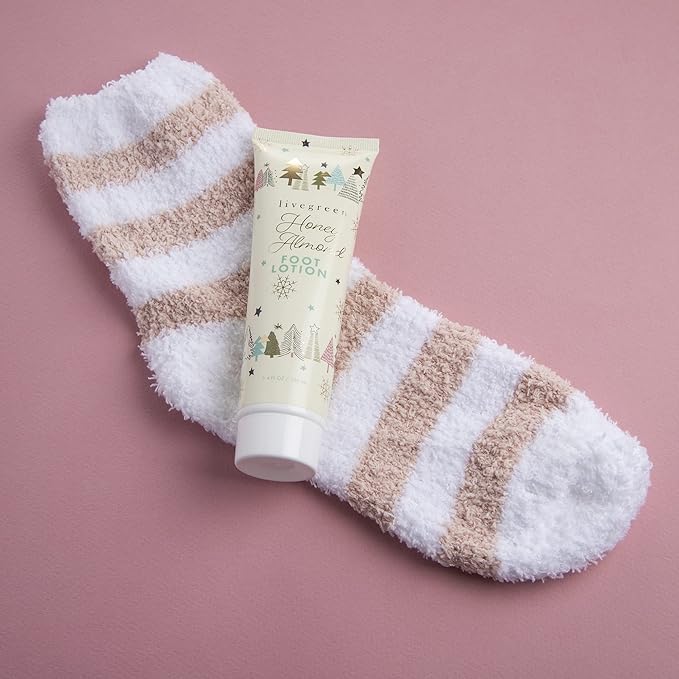 Live Green Bath and Body Set- Foot Spa Set with Fuzzy Socks, Lotion, and Scrub (Honey Almond)-Velvo Beauty