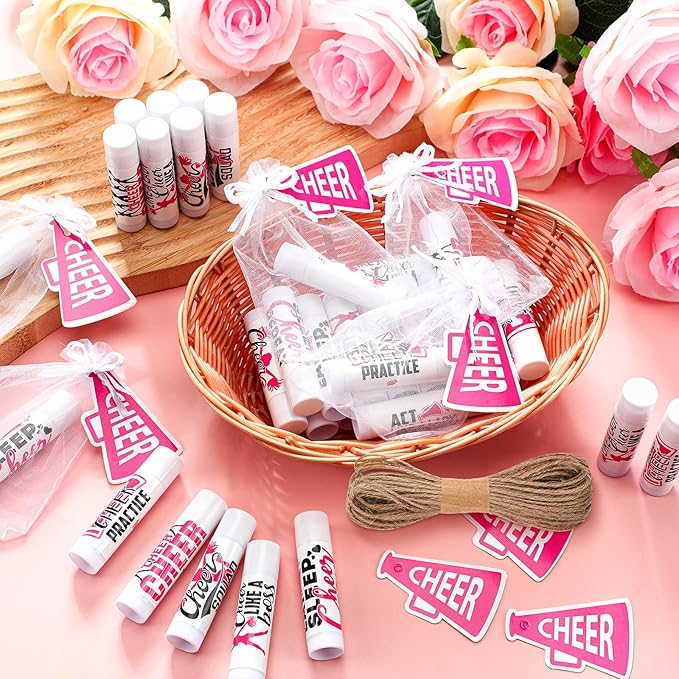 50 Sets Cheer Gifts Bulk 50 Cheer Lip Balm Bulk Moisturizing with 50 Organza Drawstring Gift Bags 50 tags Cheerleader Gifts Cheer Gifts Bulk for Team (Pink)-Velvo Beauty