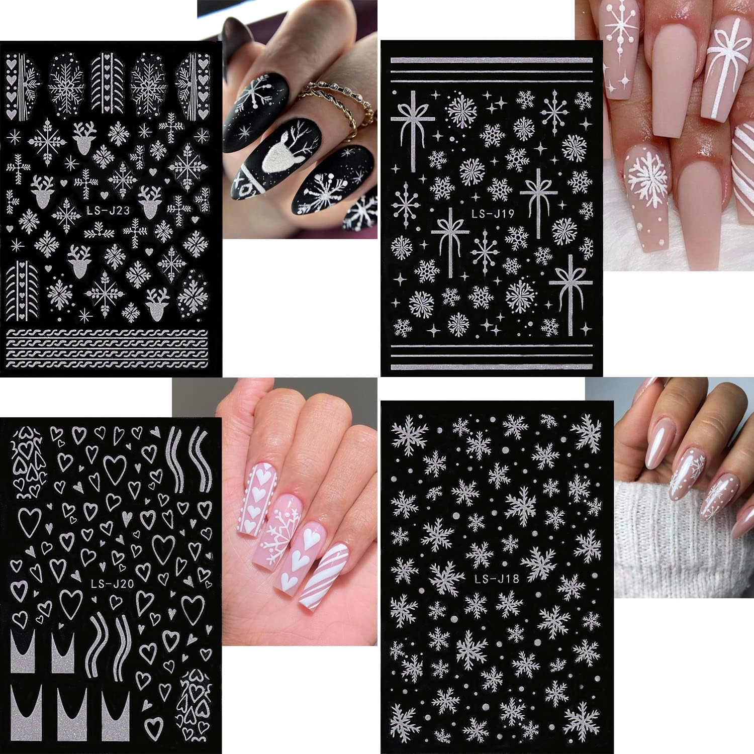 6 Sheets Glitter Silver Snowflake Nail Art Stickers 3D Christmas Nail Decals Self Adhesive Xmas Winter Nail Design Holiday Reindeer Snowflakes Nail Stickers for Women Girls Christmas Nail Decoration-Velvo Beauty